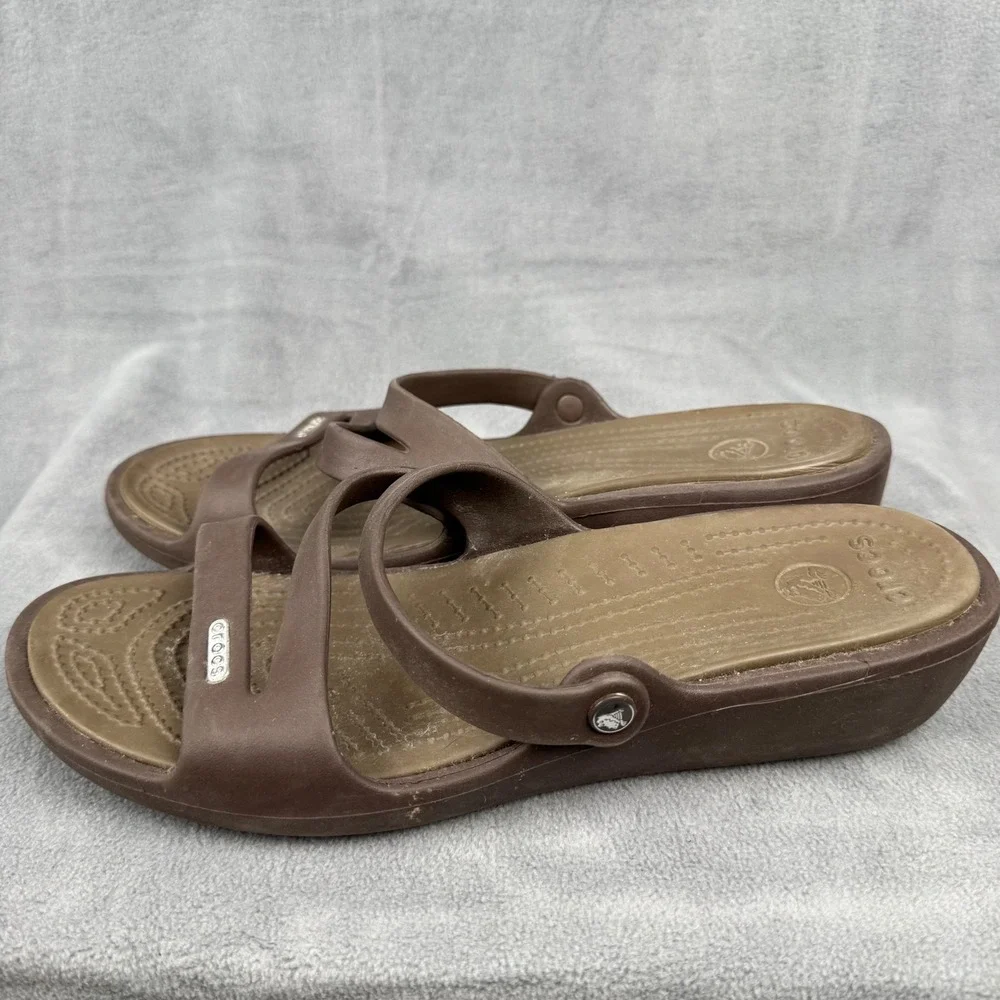 Crocs Women's W11 Brown Two Strap Slide Sandals Comfort Casual‎